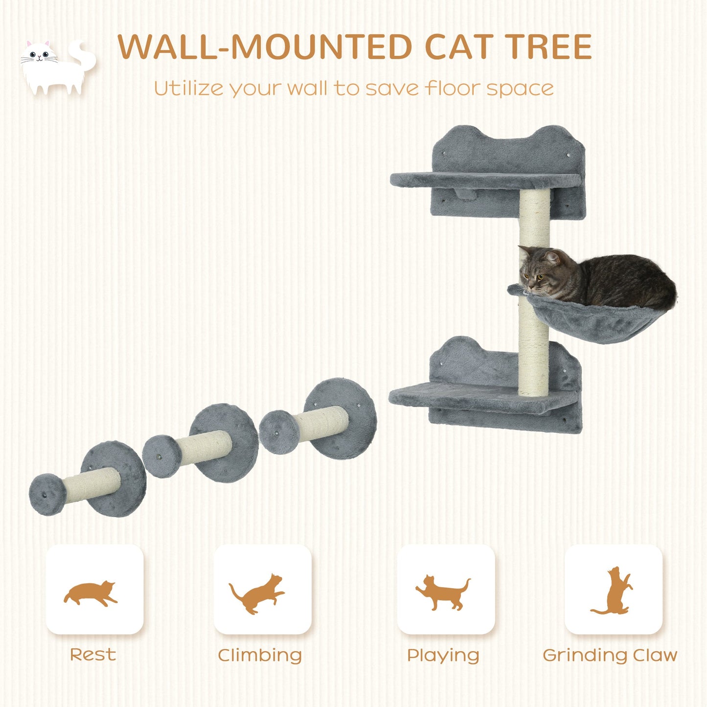 4Pcs Cat Wall Shelf with Scratching Posts, Hammock, Setps, Platforms, Cat Shelves for Relaxing, Sleeping, Jumping, Cat Wall Climber for Indoor Cats, Grey at Gallery Canada