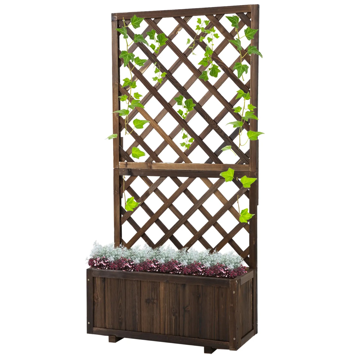 2.4 x 1 x 4.9 ft Wooden Pine Trough Planter with Trellis, Carbonized Wooden Planter Boxes at Gallery Canada