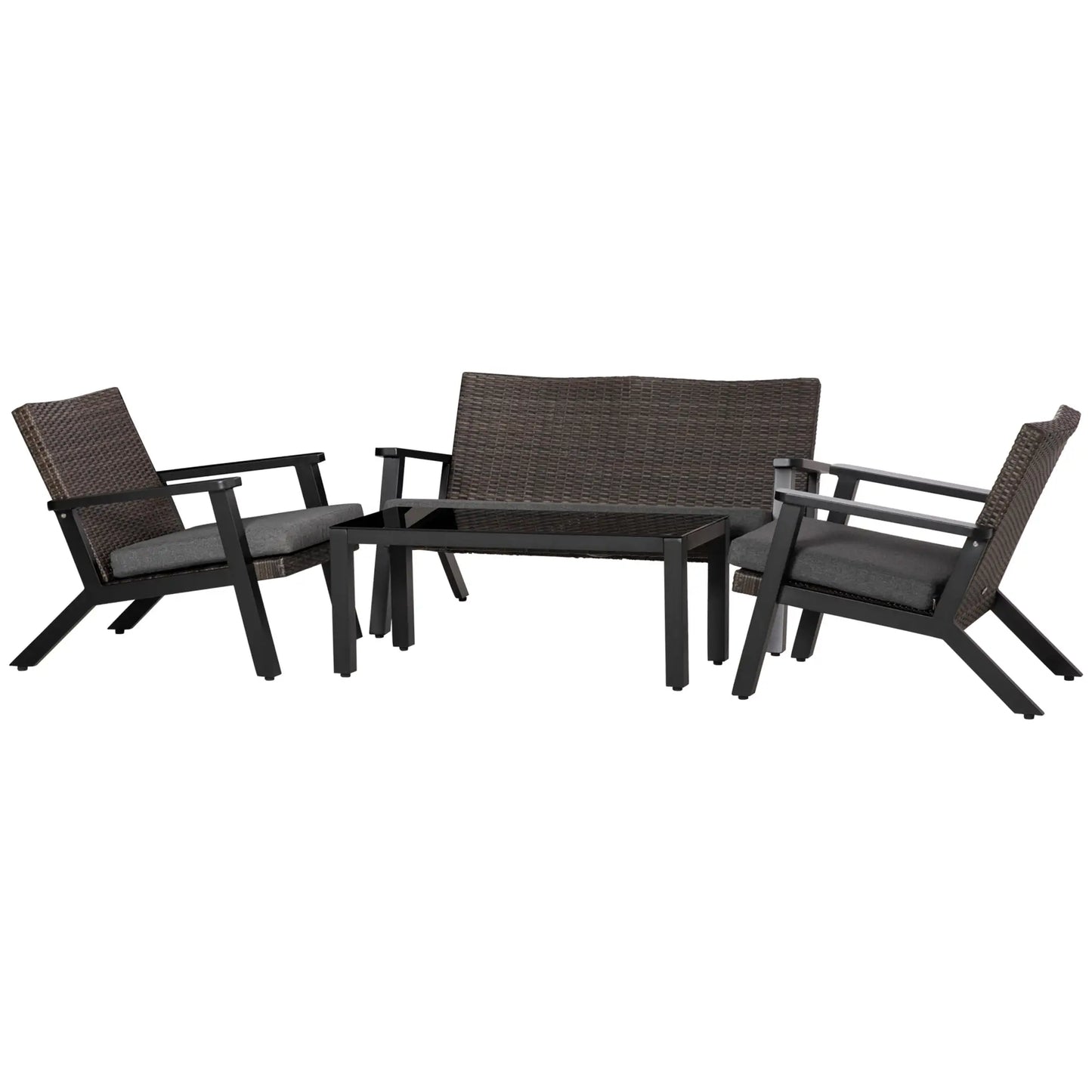 4pc Patio Furniture Set, Aluminum Frame, PE Rattan, 2 Sofas, 1 Loveseat, Coffee Table, Tempered Glass Top, Black, Grey