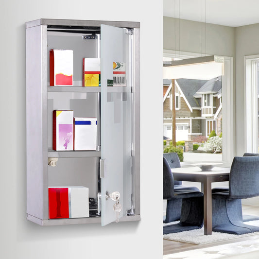 Wall Mount Medicine Cabinet, 2 Shelves, Steel Frame, Glass Door, Lockable, Stainless Mirror Medicine Cabinets Silver at Gallery Canada