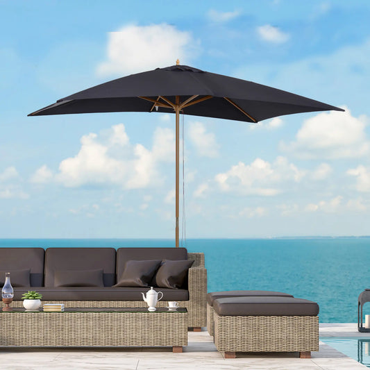 7' x 10' Wooden Patio Umbrella, Rectangle Garden Parasol, Outdoor Sunshade Canopy, Bamboo Ribs, Black Sun Umbrellas Black at Gallery Canada