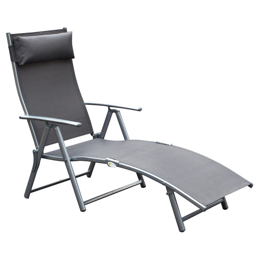 Heavy-duty Adjustable Folding Reclining Chair Outdoor Sun Lounger Patio Chaise Lounge Garden Beach Gravity Lounge with Pillow, 7 Adjustable Backrest Positions, Grey - Gallery Canada