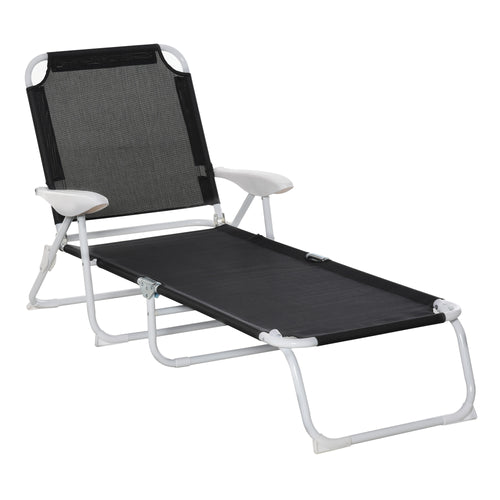 Outdoor Lounge Chair, Patio Garden Folding Chaise Lounge Sun Beach Reclining Tanning Chair with 4-Level Adjustable Backrest, Black
