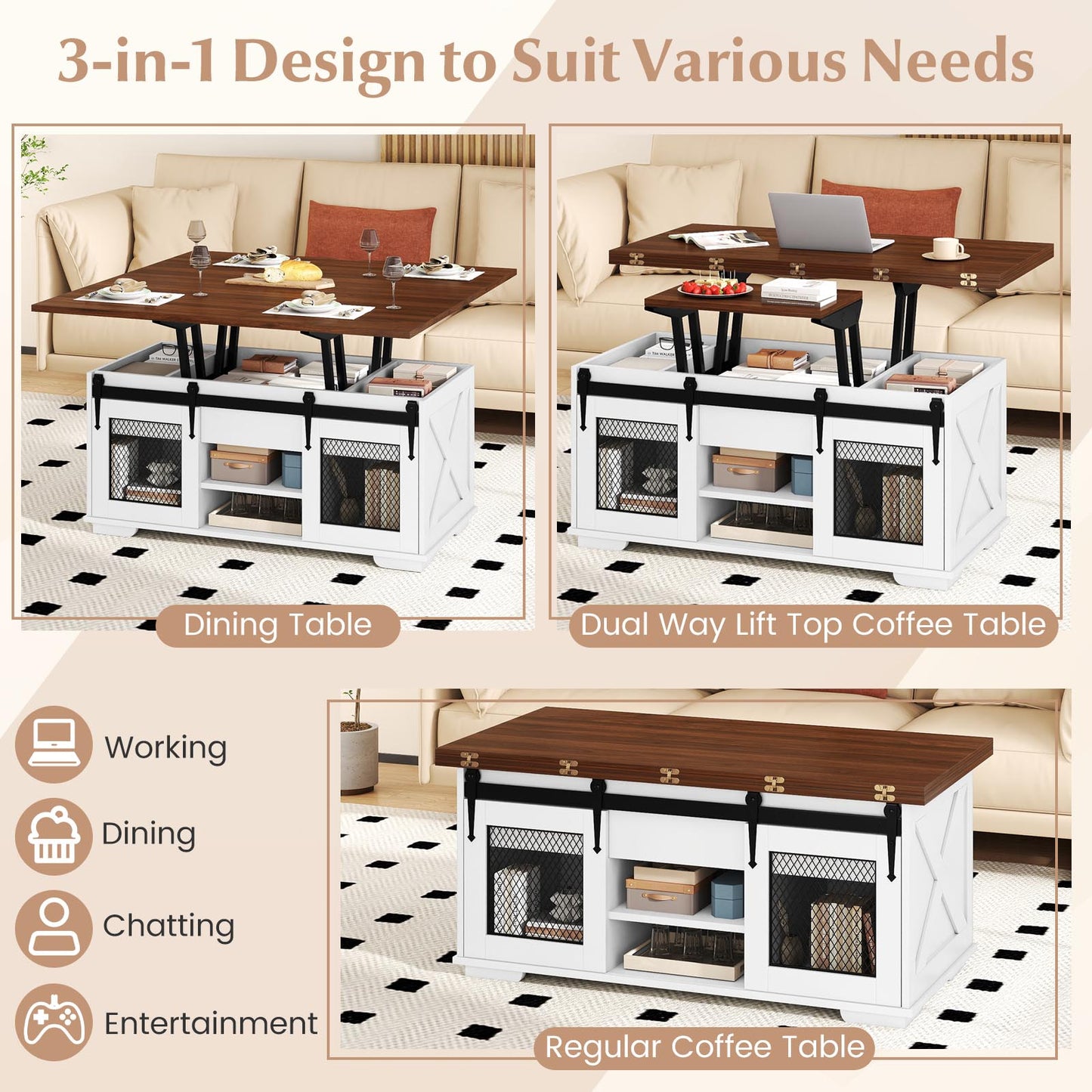 Lift Top Coffee Table with 2 Sliding Barn Doors, Walnut Coffee Tables at Gallery Canada