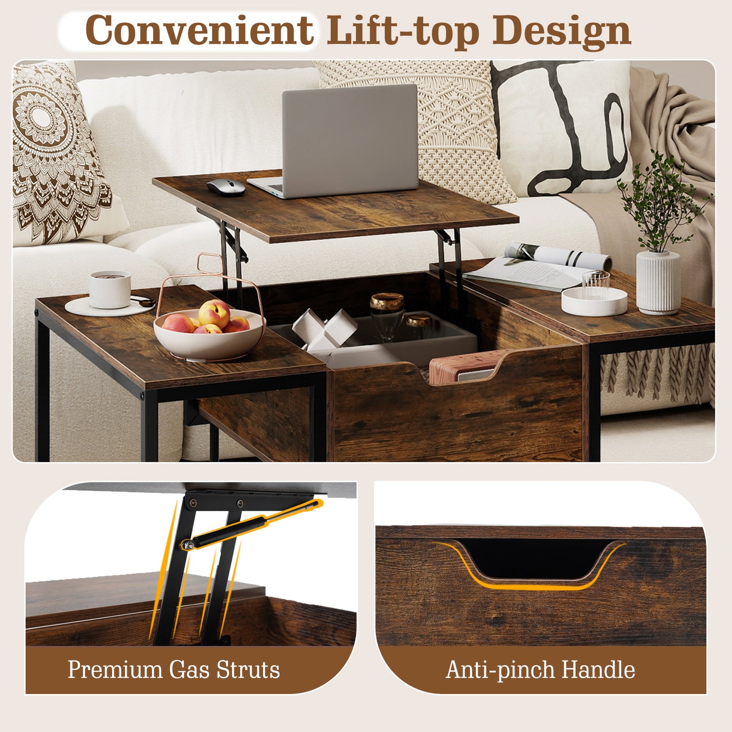 Lift Top Coffee Table with Hidden Storage, Rustic Brown Coffee Tables at Gallery Canada