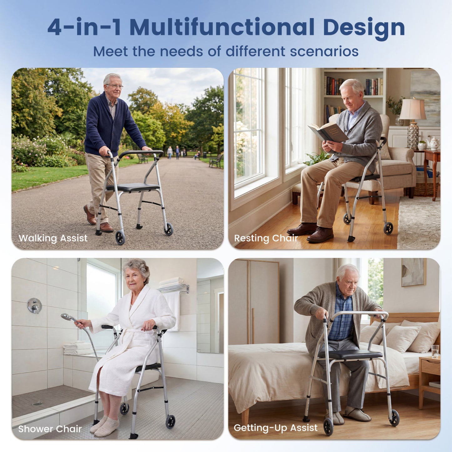 Lightweight Aluminum Walker, 2 Wheels, Adjustable Height, Padded Seat, Silver Walkers & Rollators at Gallery Canada
