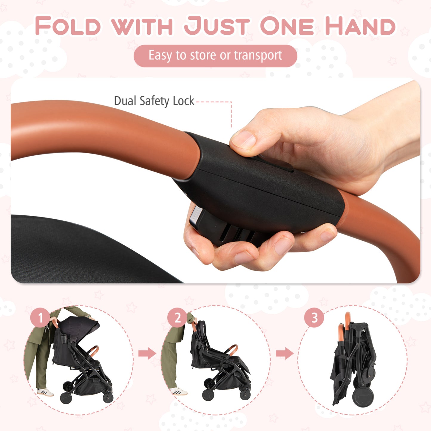 Compact Travel Stroller with One-Hand Folding, Black