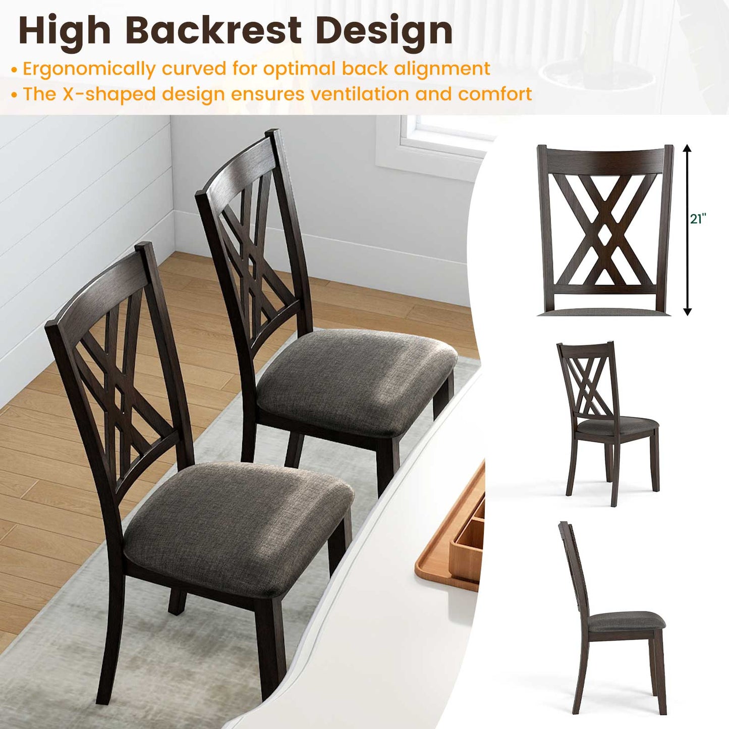 Wooden Dining Chair Set, 2 Linen Fabric Upholstered, Gray Dining Chairs at Gallery Canada