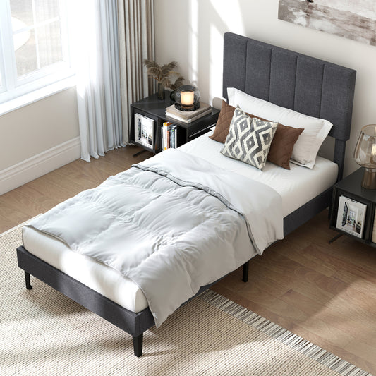 Linen Upholstered Platform Bed with Height Adjustable Vertical Channel Headboard-Twin Size Beds & Bed Frames Gray at Gallery Canada