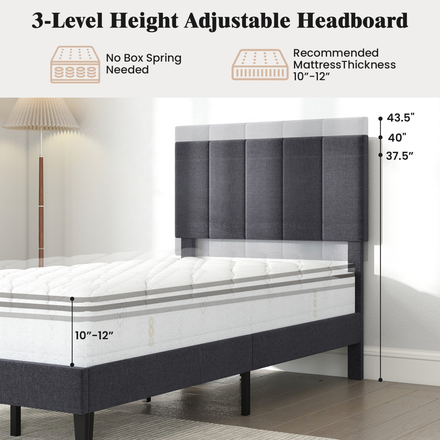 Linen Upholstered Platform Bed with Height Adjustable Vertical Channel Headboard-Twin Size Beds & Bed Frames at Gallery Canada