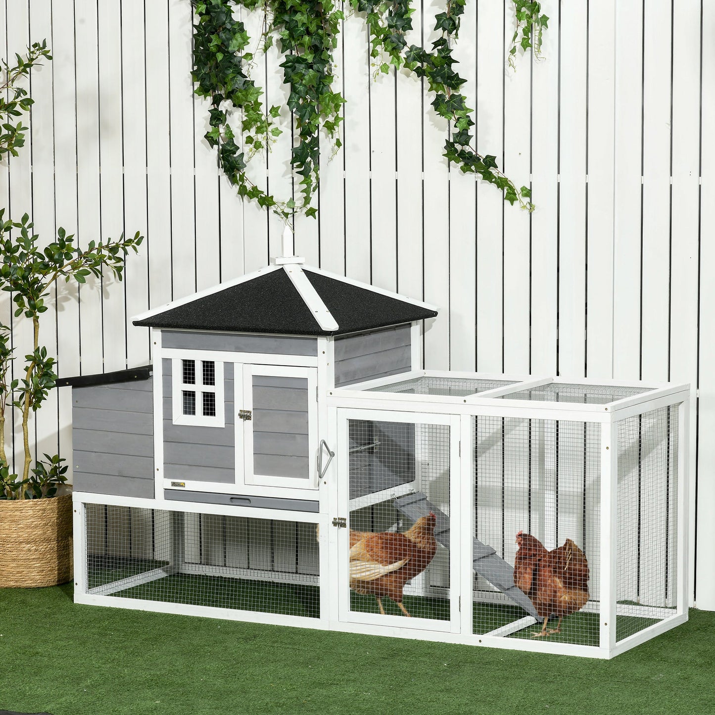 73 in Chicken Coop with Run, Wooden Hen House with Nesting Box, Removable Tray, Asphalt Roof, Ramp, Outdoor Poultry Cage, Gray at Gallery Canada