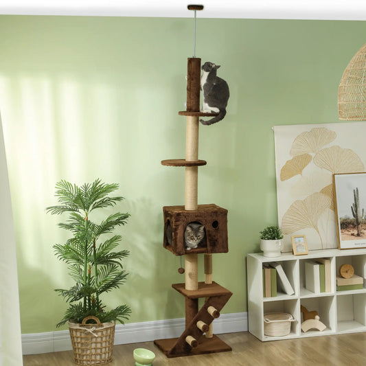 89"-104" Cat Tree with Scratching Post, Cat House, 3-Steps, Hanging Ball, Brown Floor to Ceiling Cat Trees Brown at Gallery Canada