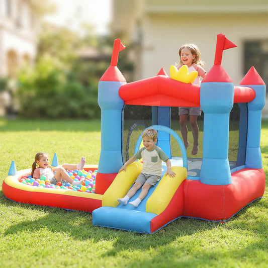 Inflatable Bounce House With Slide, Pool, Ball Pit, Basketball Hoop Inflatables Blue, Red, Yellow at Gallery Canada