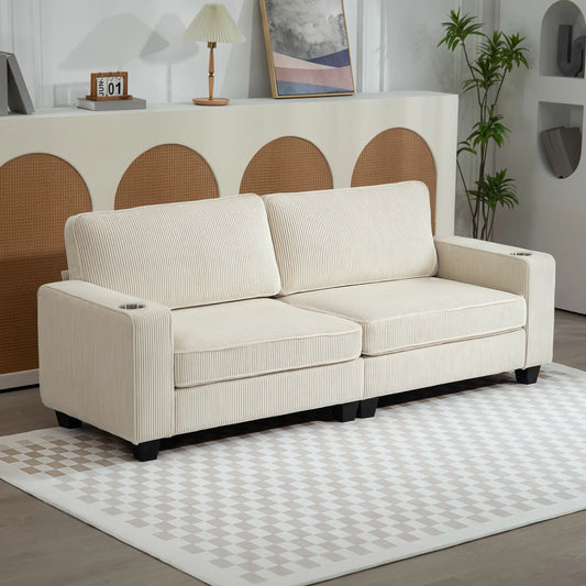 Canapé trois places, sofa en tissu avec coussin à ressorts, blanc crème