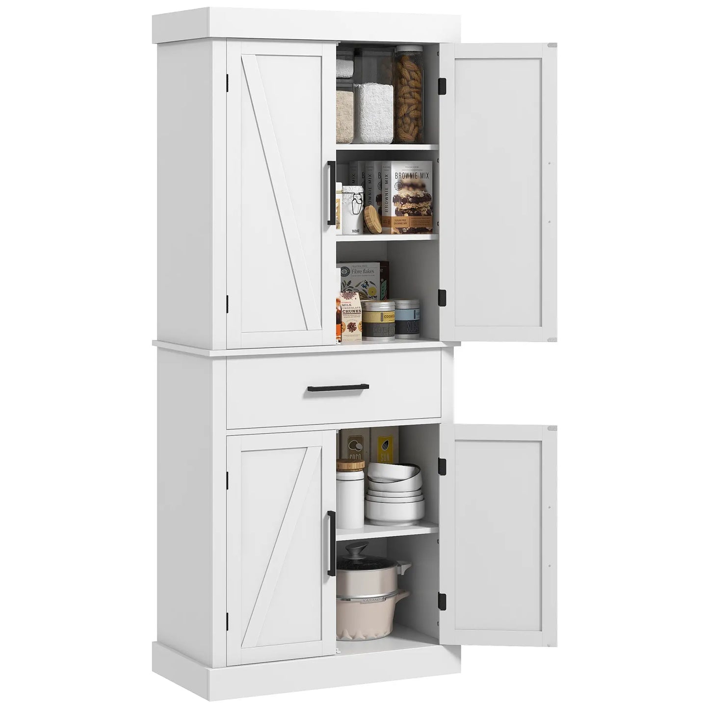 72" Kitchen Storage Cabinet, Farmhouse Pantry, 4 Barn Doors, Drawer, Adjustable Shelves, White Kitchen Pantry Cabinets at Gallery Canada