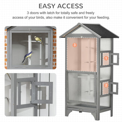 Wooden Bird Aviary Parrot Cage Pet Furniture with Removable Bottom Tray, 2 Doors, Asphalt Roof, 4 Perches, Light Grey