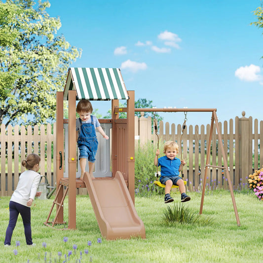 4-in-1 Kids Swing Set with Slide, Fort, Ladder, Stakes, Ages 3-8, Brown Gym Sets & Swings Brown, Yellow at Gallery Canada