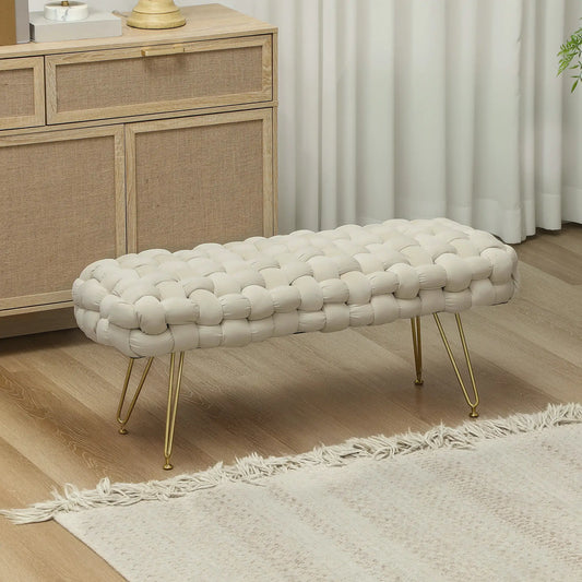 Velvet End of Bed Bench, 39", Gold Metal Legs, Cream White Storage Ottomans & Benches Cream at Gallery Canada
