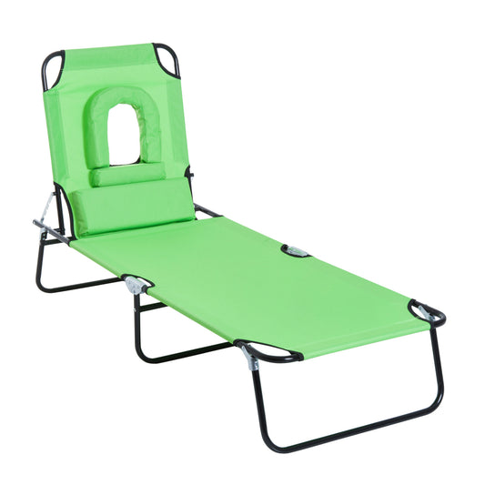 Adjustable Outdoor Lounge Chair, Garden Folding Chaise Lounge w/ Reading Hole Reclining Tanning Chair Seat, Folding Camping Beach Lounging Bed with Support Pillow, Green at Gallery Canada
