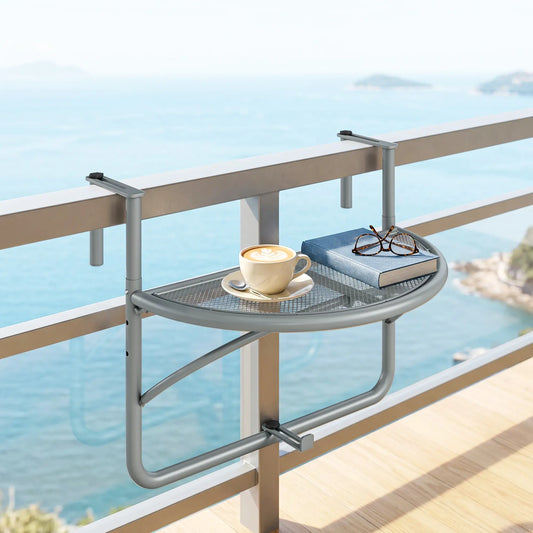 Adjustable Balcony Hanging Table, Metal Wall Desk, Outdoor Flower Stand, Half Round, Grey Balcony Table Hanging Grey at Gallery Canada