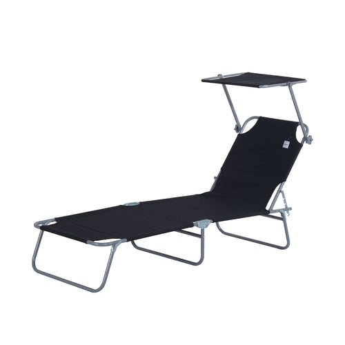 Outdoor Lounge Chair, Adjustable Folding Chaise Lounge, Tanning Chair with Sun Shade for Beach, Camping, Hiking, Backyard, Black