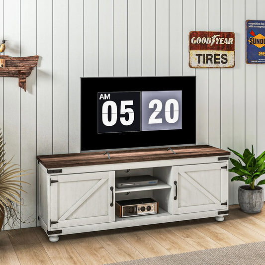Farmhouse TV Stand for 65" TV, Barn Doors, Distressed White, White TV Stands Distressed White, Rustic Brown at Gallery Canada