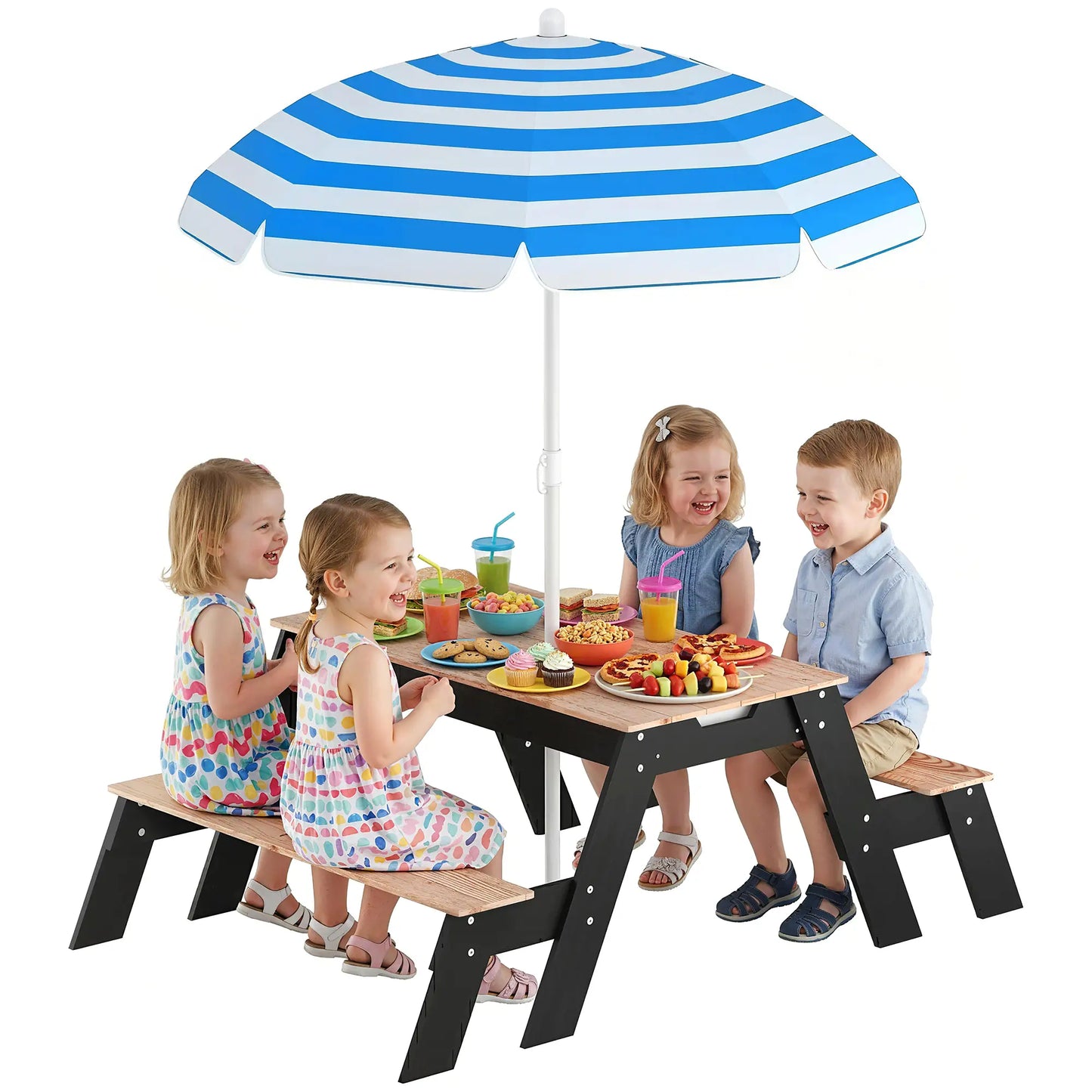 Kids Picnic Table with Umbrella, 3 in 1 Wooden Sand &; Water Table with 2 Hidden Play Boxes for Patio, Ages 3-6 Kids Outdoor Furniture at Gallery Canada