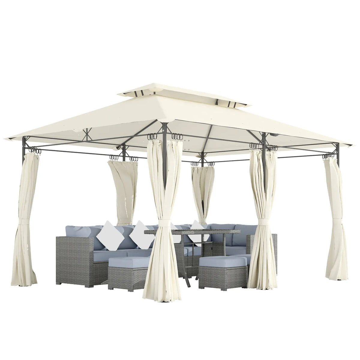 10' x 13' Gazébo de Patio à Double Toit, Extérieur avec Rideaux, Blanc Crème