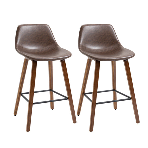 Counter Height Bar stools Set of 2 Mid-Back PU Leather Bar Chairs with Wood Legs, Brown
