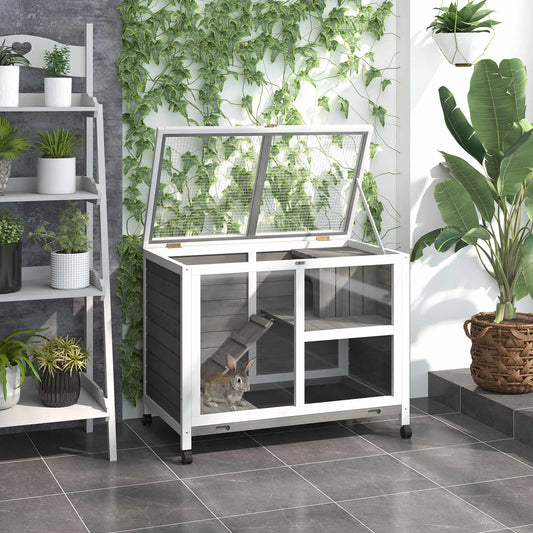 Indoor Rabbit Hutch with Wheels, Bunny Cage, Pull Out Tray, Grey Rabbit Hutch Grey at Gallery Canada