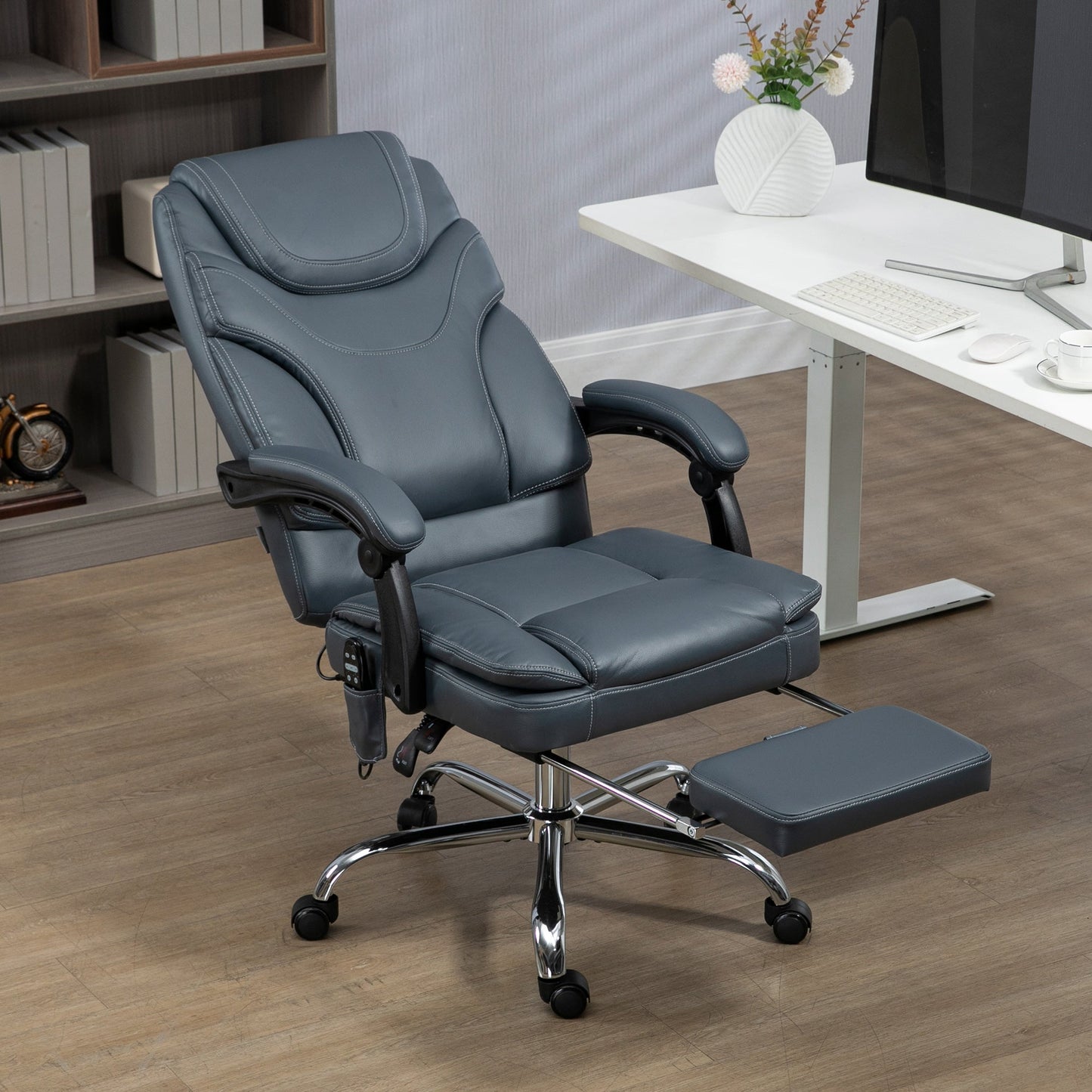 6 Point Vibration Massage Office Chair, PU Leather Heated Reclining Computer Chair with Footrest, Grey at Gallery Canada