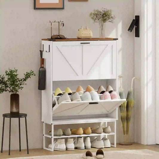 Narrow Shoe Cabinet with 2 Flip Drawers, Slim, White Wood Grain, White Shoe Storage Cabinets & Racks White Wood Grain, Brown at Gallery Canada