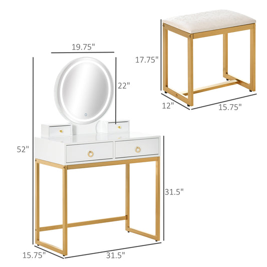 Makeup Vanity Table Set with 3-Color Touch Screen Dimmable Lighted Mirror, Dressing Desk with 4 Drawers and Cushioned Stool for Bedroom, White - Gallery Canada