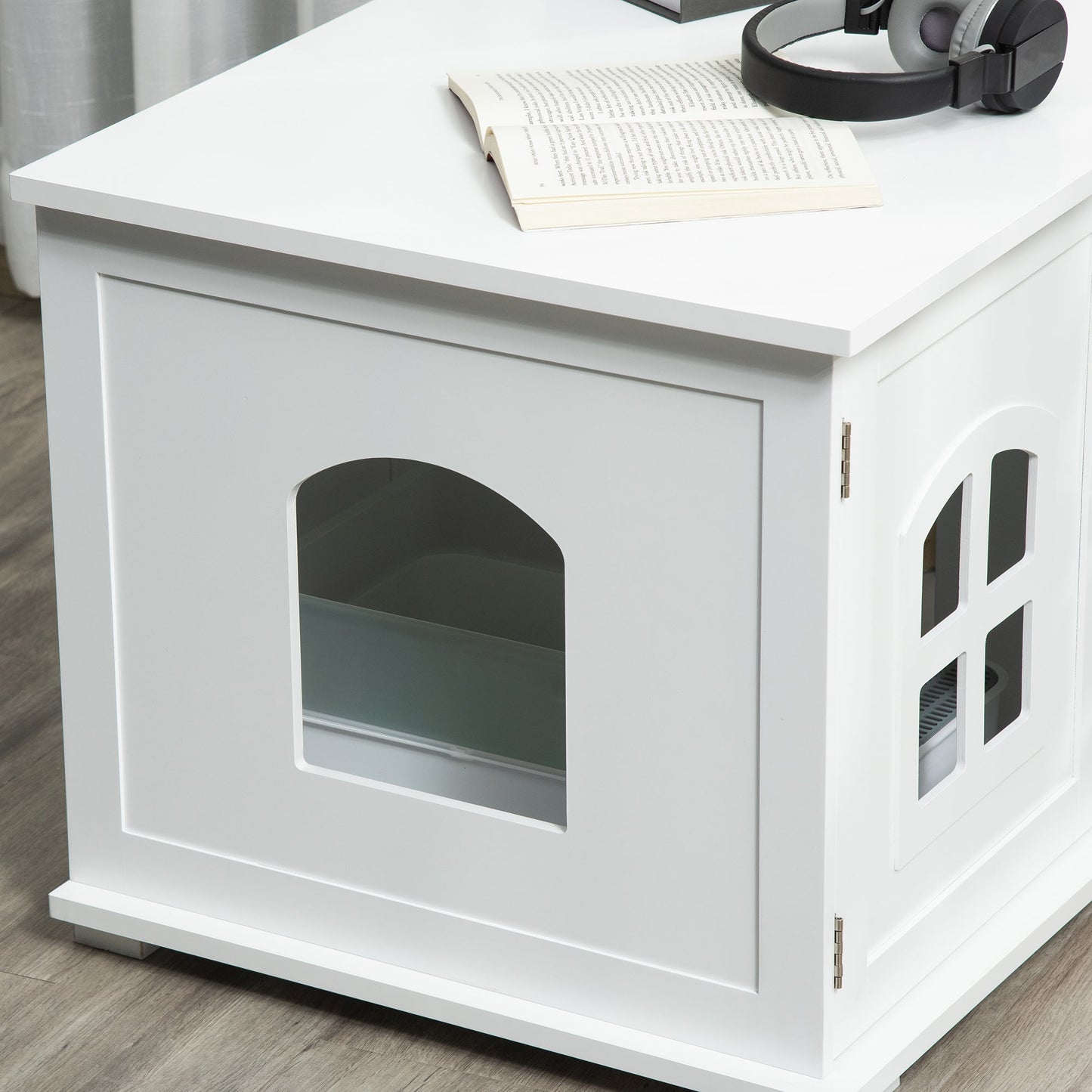Cat Litter Box Enclosure Hidden Cat Furniture Cabinet Indoor Cat Washroom Double-door Nightstand End Table with Cat Hole Window White at Gallery Canada