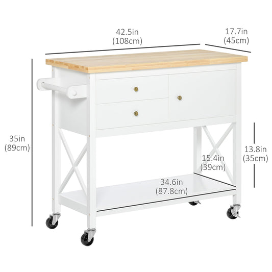 Utility Kitchen Cart Rolling Kitchen Island Storage Trolley with Rubberwood Top, 2 Drawers, Towel Rack, White at Gallery Canada