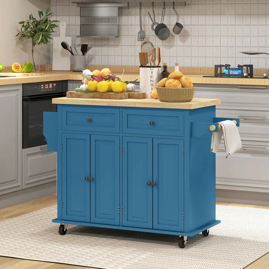 Kitchen Island with Storage, Rolling Cart, Rubber Wood Top, Blue Kitchen Islands & Kitchen Carts Blue at Gallery Canada