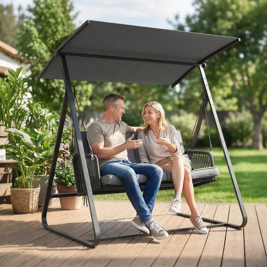 2-Person Outdoor Swing, Adjustable Canopy, Rattan Bench With Cushions Patio Swings with Stand Dark Grey at Gallery Canada