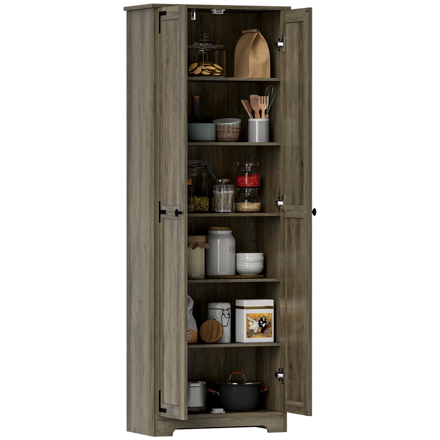 67" Farmhouse Pantry Cabinet, 2 Doors, Adjustable Shelves, Distressed, Grey Storage Cabinets at Gallery Canada
