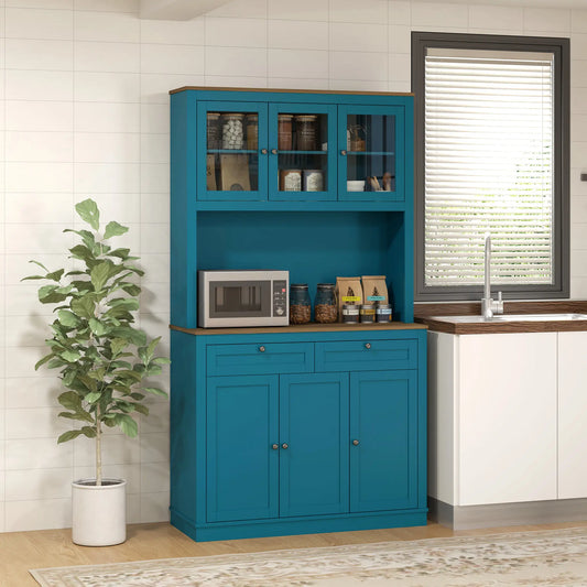 71" Pantry Cabinet with Microwave Space, Adjustable Shelves, Navy Blue Kitchen Pantry Cabinets Navy Blue, Oak at Gallery Canada