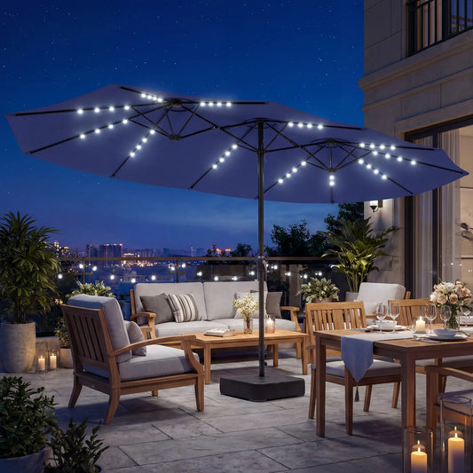 Double-Sided Patio Umbrella, 15ft, 48 LED Lights, Base Included, Dark Blue Double-sided Umbrellas Dark Blue, Black at Gallery Canada