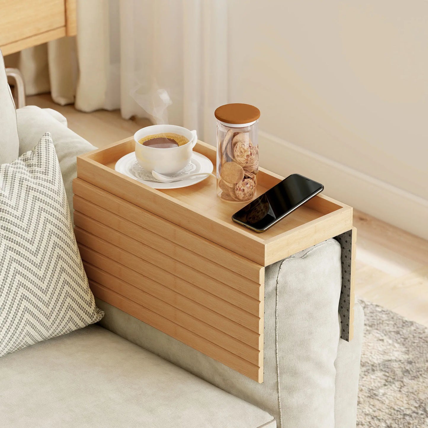 Bamboo Couch Arm Tray, Flexible Roll-up Design, Wide Compartment, Natural Living Room Furniture at Gallery Canada