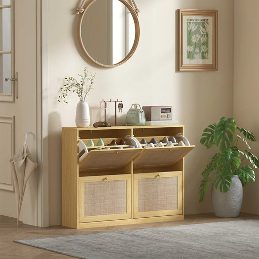 Narrow Shoe Storage Cabinet, 4 Flip Drawers, Adjustable Shelves, 20 Pairs, Oak