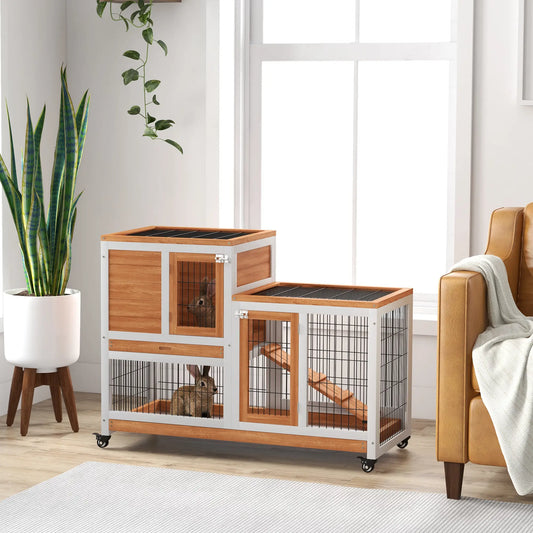 Cage à lapin en bois, Cage à lapin d'intérieur avec roues, Plateaux amovibles, Jaune
