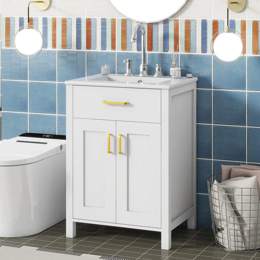 Bathroom Vanity Combo, Ceramic Sink, Storage Cabinet, 24" L x 18.5" W x 34" H, White Sink Cabinets White at Gallery Canada