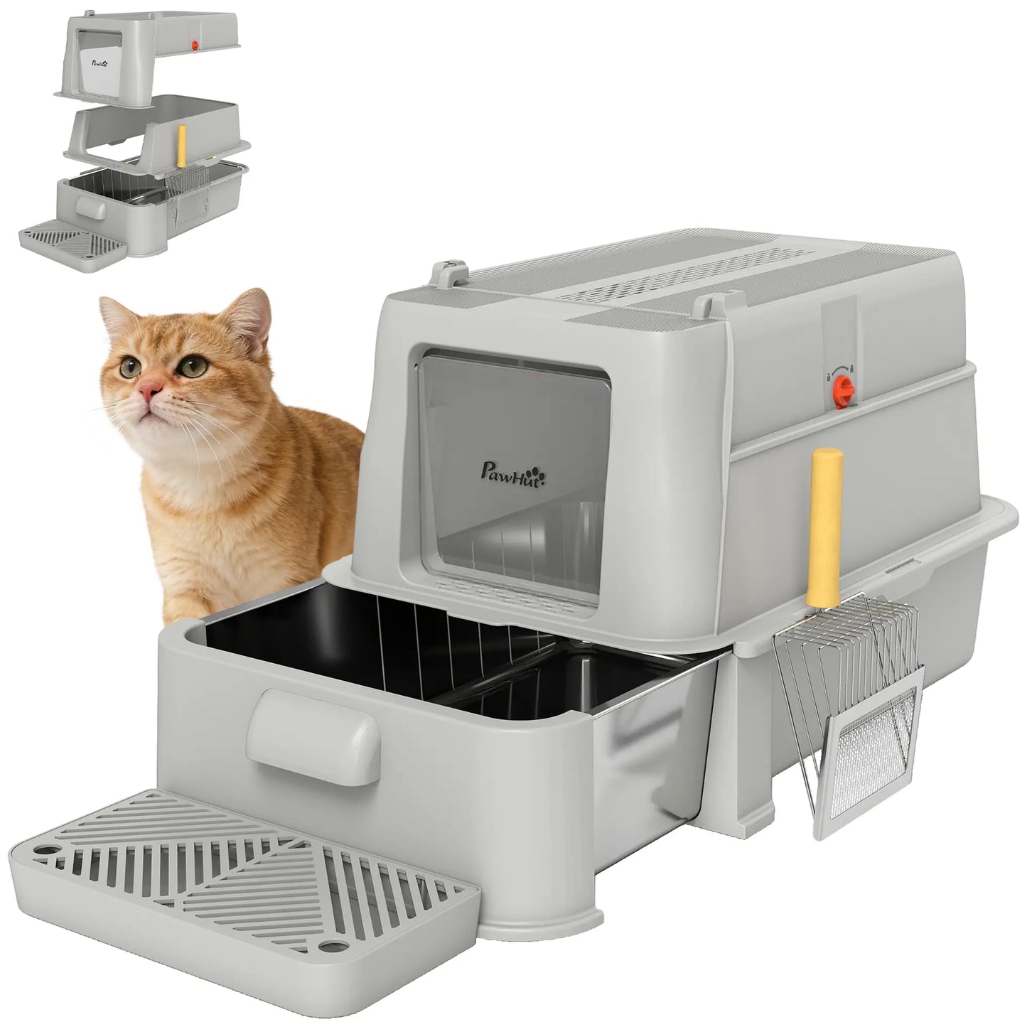 80L XL Stainless Steel Cat Litter Box, Flip Cover, Pull-Out Drawer, High Sided, Pedal, Light Grey Cat Litter Box Enclosures at Gallery Canada