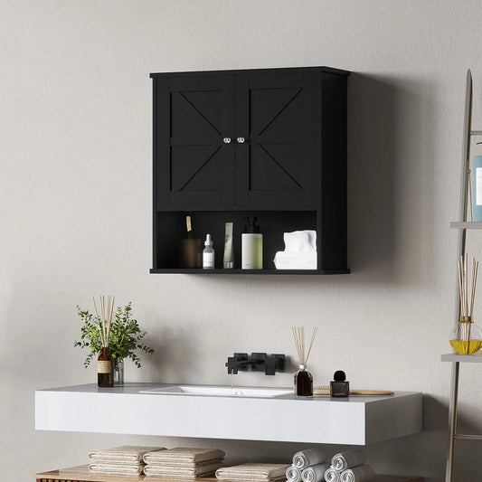 Farmhouse Bathroom Medicine Cabinet, Barn Doors, Adjustable Shelf, Black