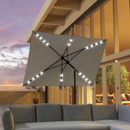6.5x10ft Light Grey Tilt Aluminum Patio Umbrella, Solar Powered LEDs, Crank, Light Grey Sun Umbrellas Light Grey (polyester fabric), Dark Brown (umbrella pole) at Gallery Canada