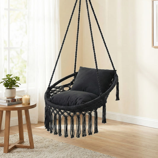 Macrame Swing Chair Hammock, 2 Removable Cushions, Black Porch Swings Black at Gallery Canada