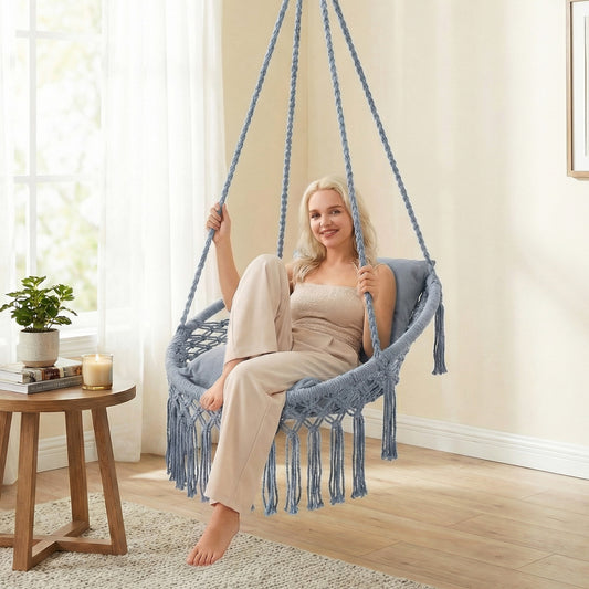 Macrame Swing Chair Hammock With 2 Removable Cushions, Gray Porch Swings Gray at Gallery Canada