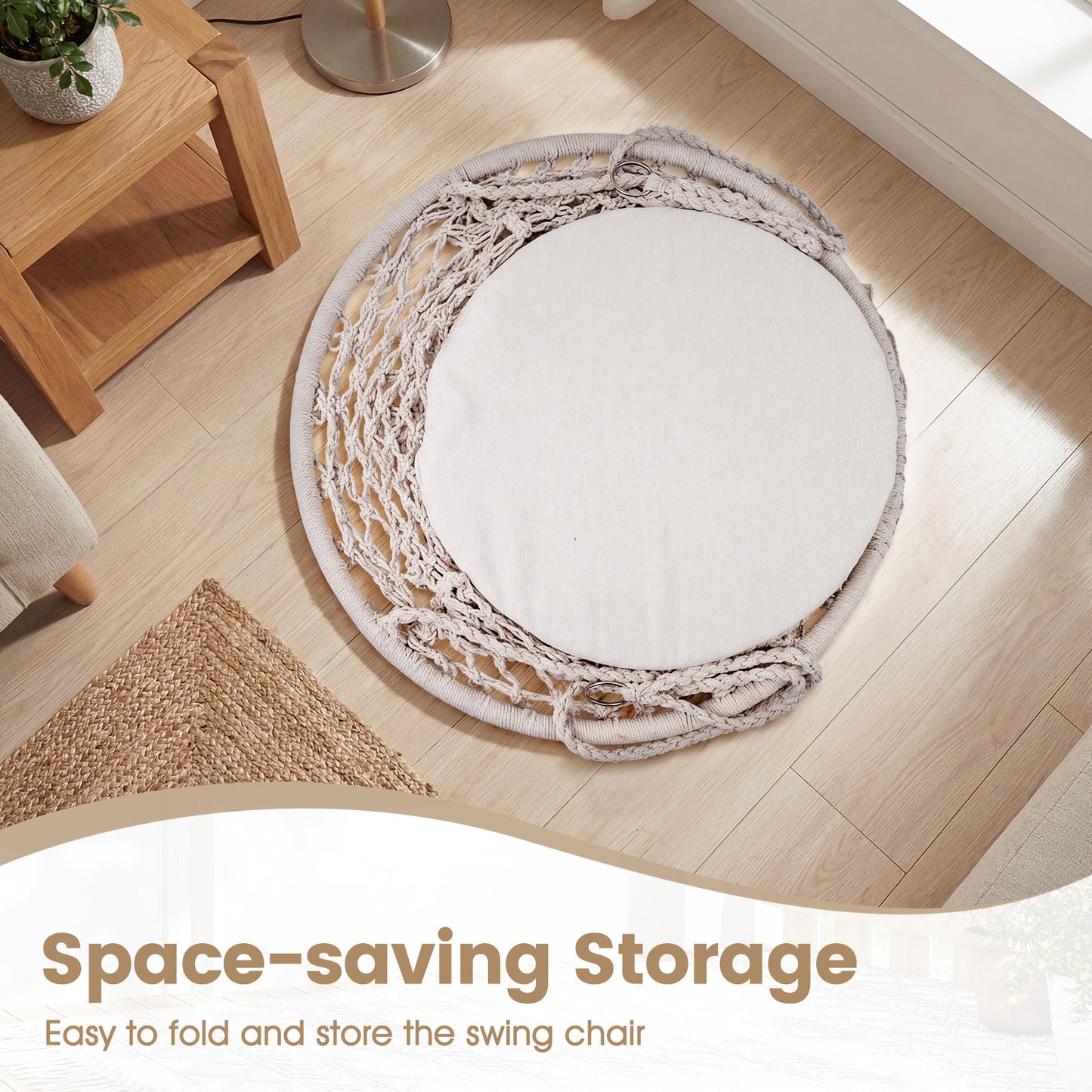 Macrame Swing Hammock Chair With Round Seat Cushion, Beige Hammocks at Gallery Canada